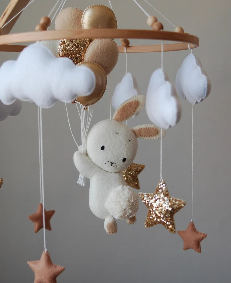 Bunny Baby Mobile: Pink Nursery Decor, Felt Stars & Balloons