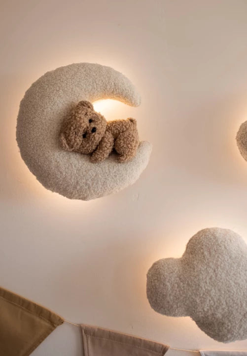 Teddy Bear Nursery Night Light Bouclé Moon, Stars, Clouds
