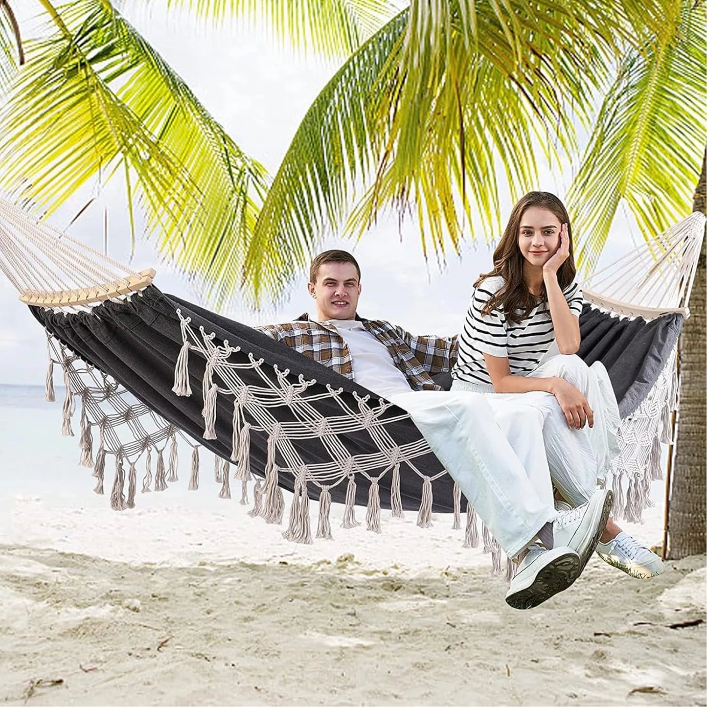 Double Hammock Hanging Swing -Boho Hammocks Load-bearing 500lbs - Portable Hammock for Indoor Outdoor Patio Yard Garden