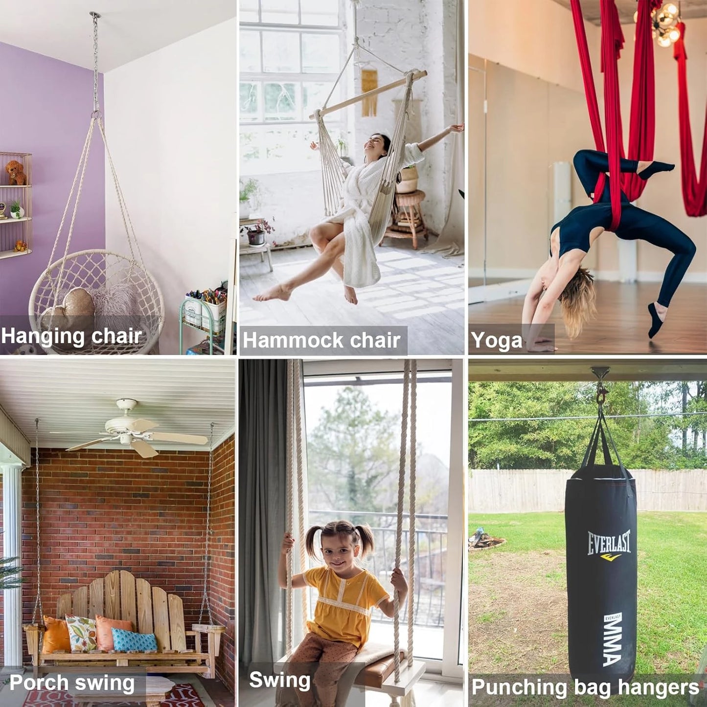 Permanent Antirust Stainless Steel Heavy Duty Swing Hanger, 1000 LB Capacity, 2 Screws for Wooden and 2 Expansion Bolts for Concrete, Yoga Hammock Chair Sandbag Swing Sets, 180° Swing