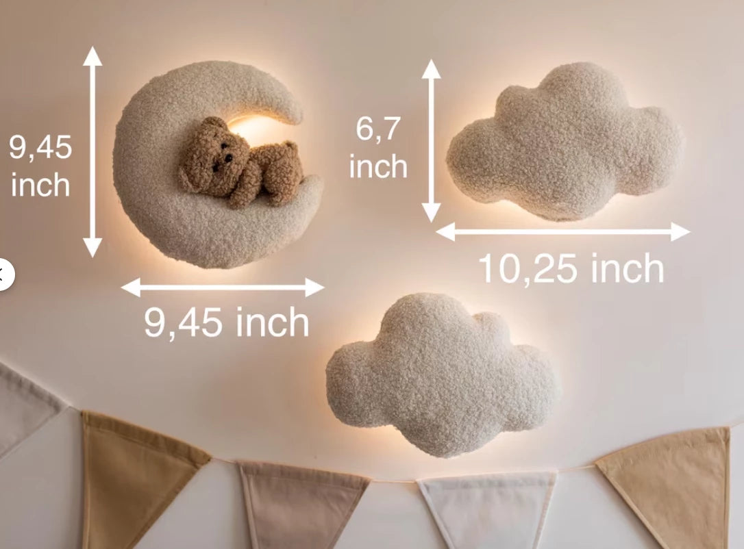 Teddy Bear Nursery Night Light Bouclé Moon, Stars, Clouds