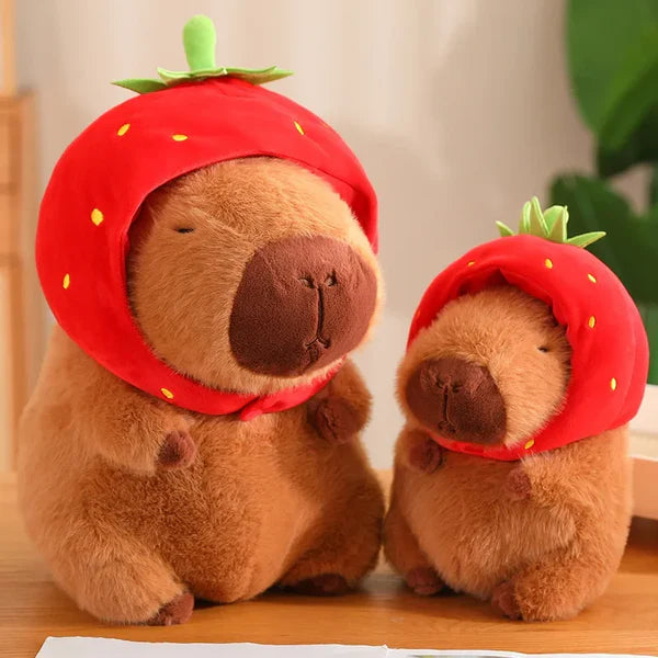 Kawaii Capybara Plush Toy - Fluffy Stuffed Animal with Turtle Bag & Strawberry Cap