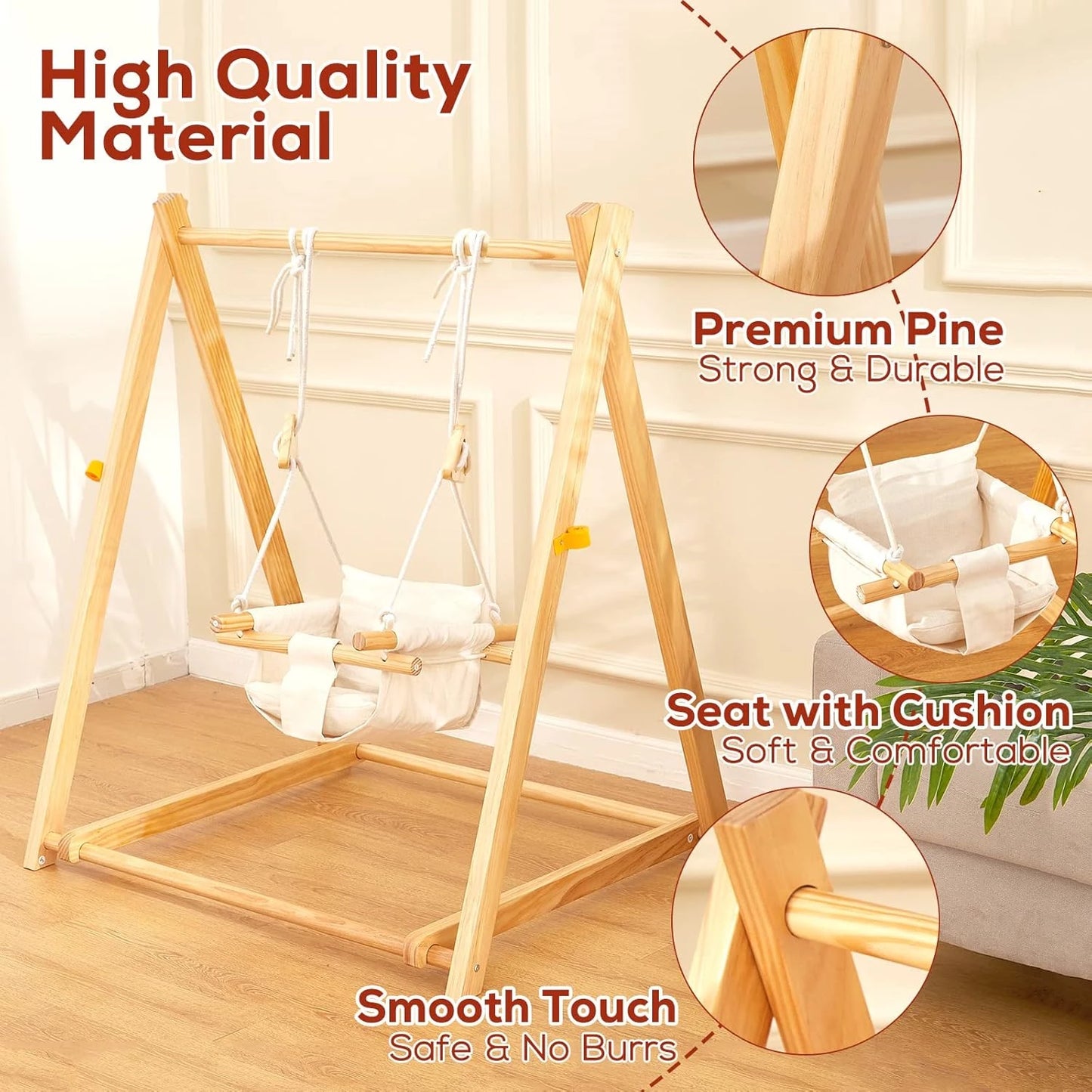 Wooden Baby Swing Set for Toddlers 6-36 Months, Foldable Baby Swing Set with Durable Pine