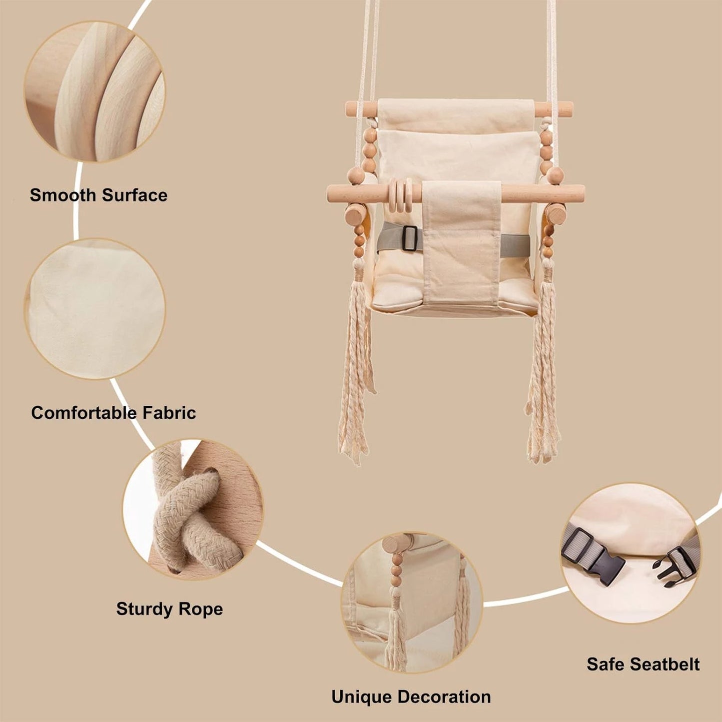 Baby Swing Seat Canvas Hammock with Soft Cushion,Safety Belt Beige