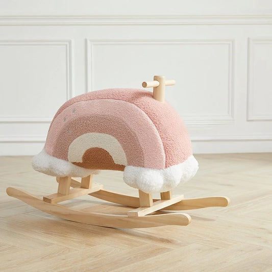 Rainbow Rocker Fully Assembled Natural Wood Rocking Horse with Soft Fleece Multi-Color Puffy Plush Clouds