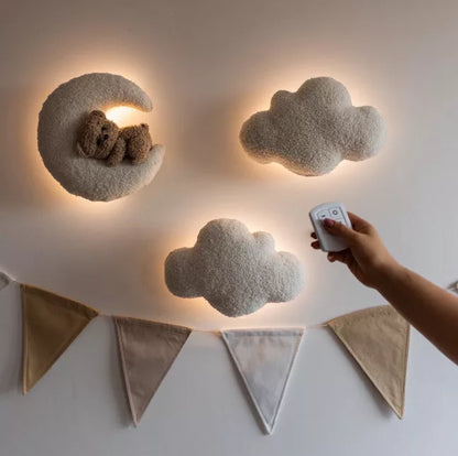 Teddy Bear Nursery Night Light Bouclé Moon, Stars, Clouds