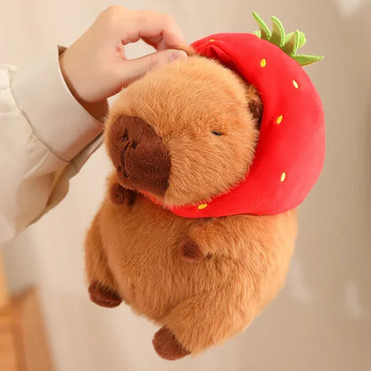 Kawaii Capybara Plush Toy - Fluffy Stuffed Animal with Turtle Bag & Strawberry Cap