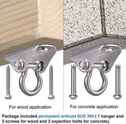 Permanent Antirust Stainless Steel Heavy Duty Swing Hanger, 1000 LB Capacity, 2 Screws for Wooden and 2 Expansion Bolts for Concrete, Yoga Hammock Chair Sandbag Swing Sets, 180° Swing