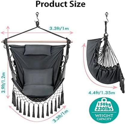 Hammock Chair Hanging Rope Swing with Hanging Hardware Kits and 2cushions&1 Neck Pillow, Large Macrame Hanging Chair, Side with Pocket for Patio, Bedroom, Backyard Max 330 Lbs