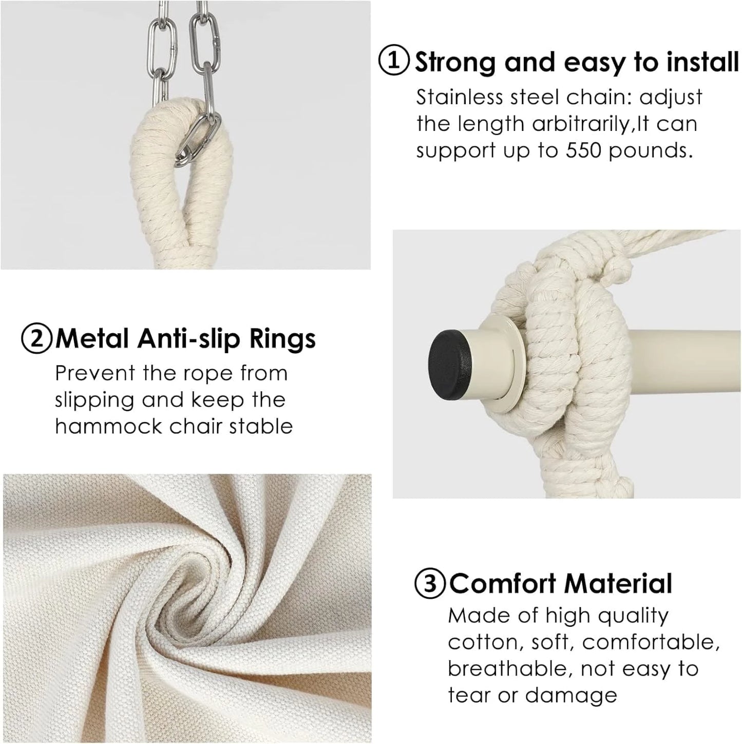 Hammock Chair, Swing Chair, Hanging Chair for Bedroom Outdoor Indoor, Macrame Rope Swing with Hardware Kit, 2 Cushions and Pocket