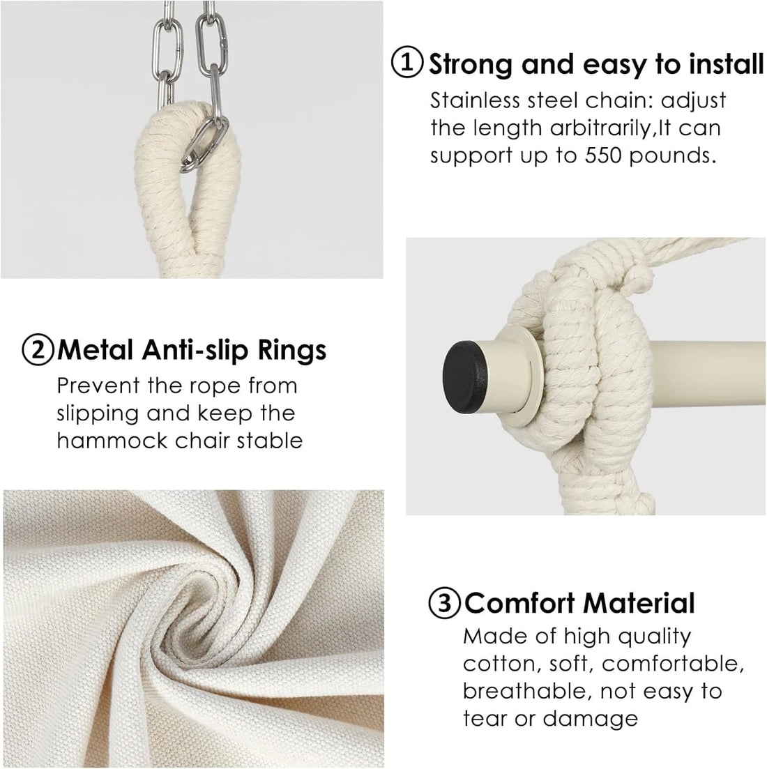 Hammock Chair, Swing Chair, Hanging Chair for Bedroom Outdoor Indoor, Macrame Rope Swing with Hardware Kit, 2 Cushions and Pocket