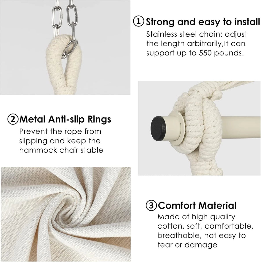 Hammock Chair, Swing Chair, Hanging Chair for Bedroom Outdoor Indoor, Macrame Rope Swing with Hardware Kit, 2 Cushions and Pocket