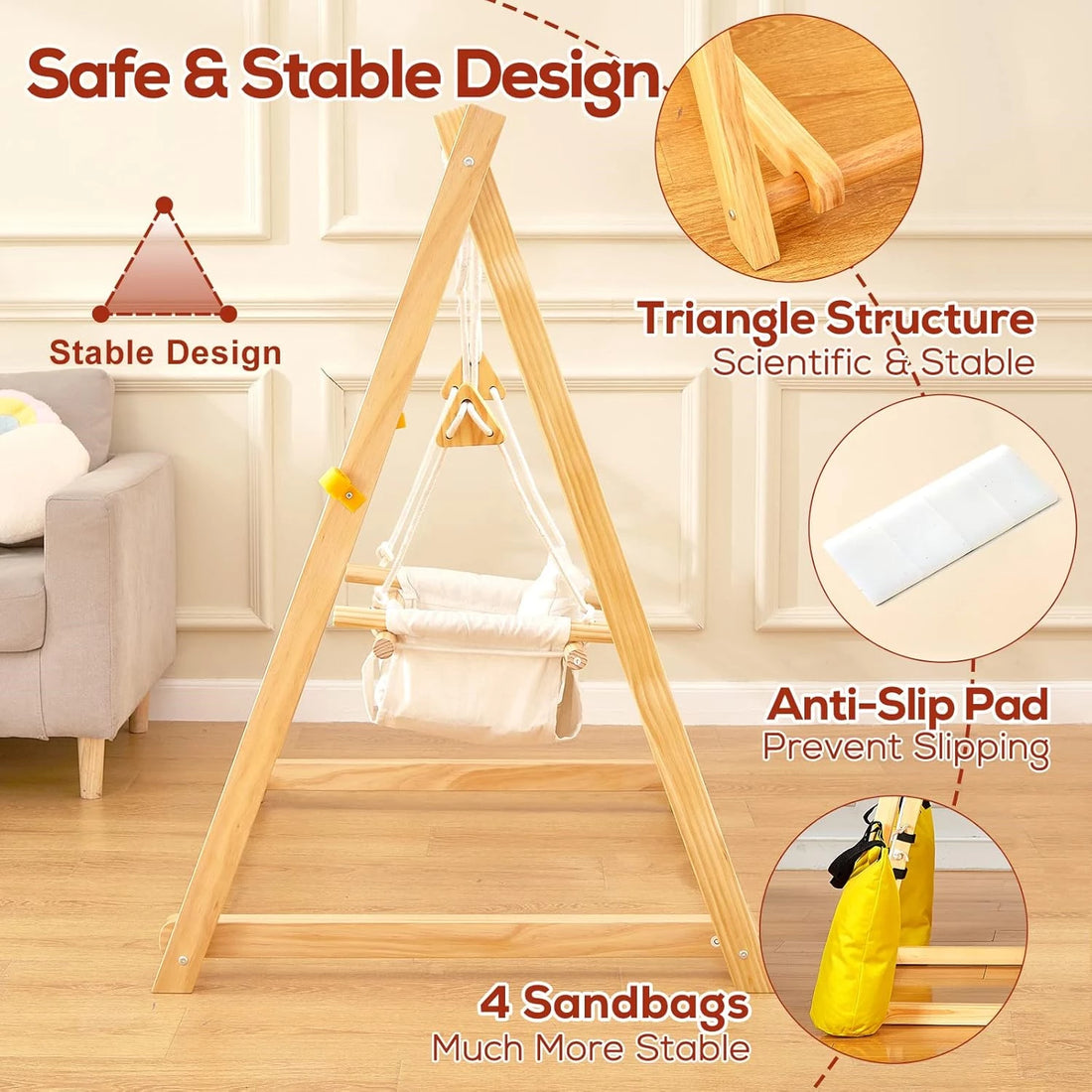 Wooden Baby Swing Set for Toddlers 6-36 Months, Foldable Baby Swing Set with Durable Pine