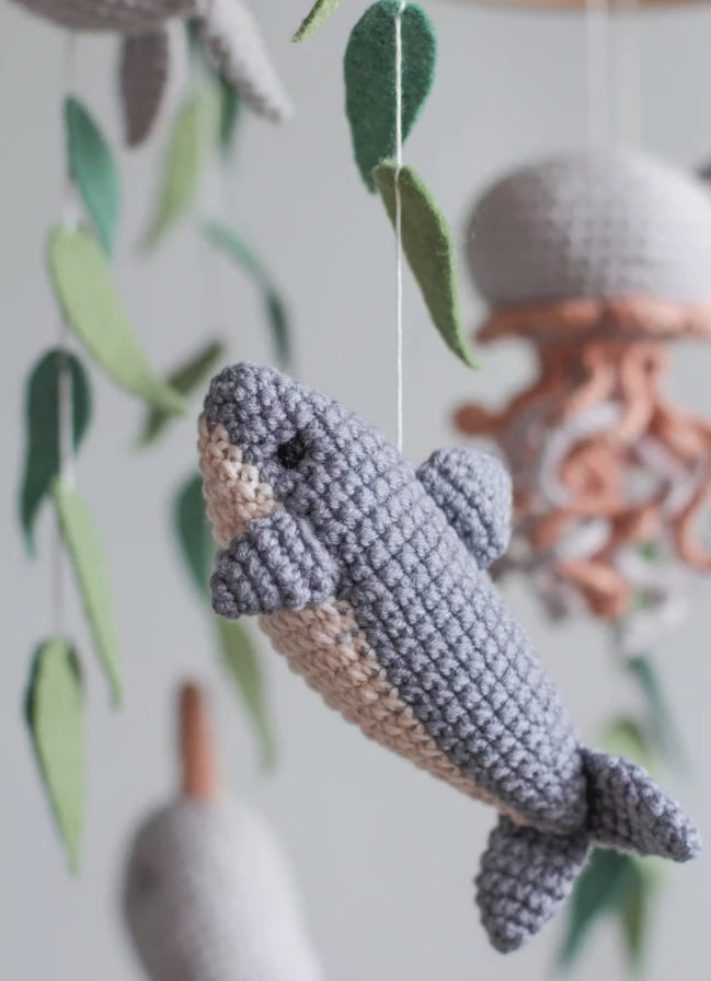 Ocean baby mobile. Nautical baby mobile. Ocean baby mobile with Narwhal, Jellyfish, Turtle, Stingray fish, Shark, Starfish and Puffer fish