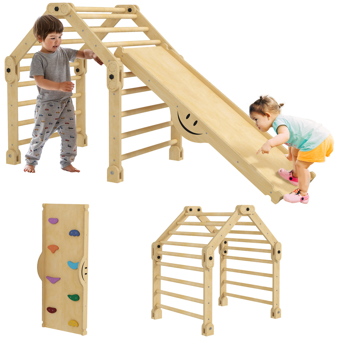 Qaba Indoor Toddler Climbing Toys, 4 in 1 Pikler Climbing Toys for Toddlers 18-48 Months, Inside Foldable Montessori Kids Climbing Toys, Indoor Playground with Ramp & Seesaw, Multicolored
