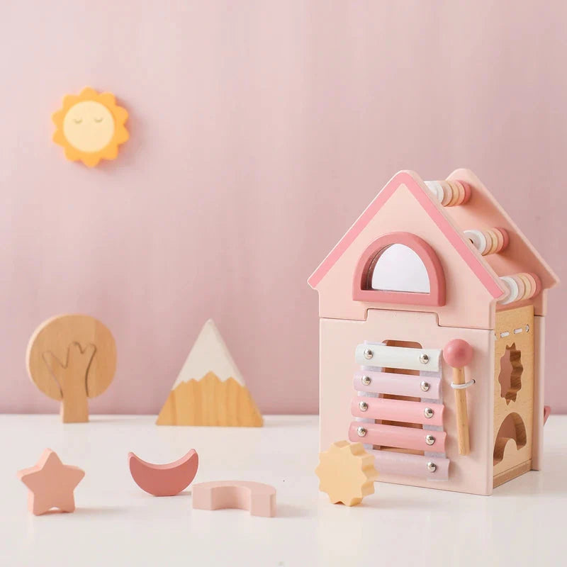 Wooden 5 in 1 Pink House Busy Cube