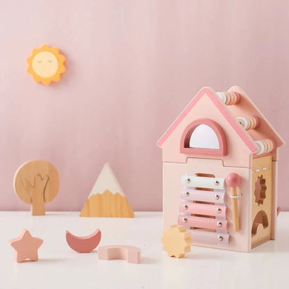 Wooden 5 in 1 Pink House Busy Cube