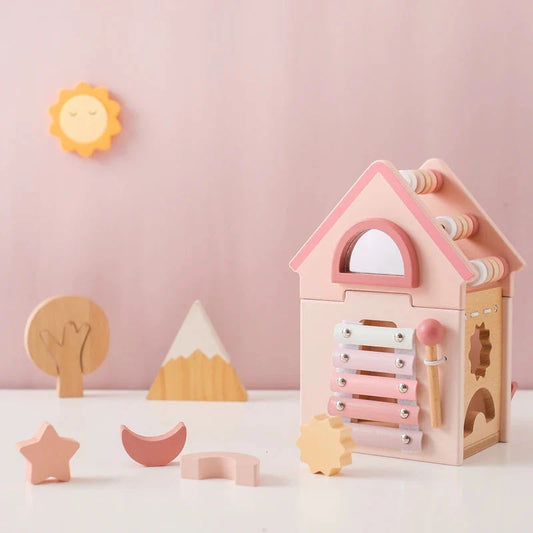 Wooden 5 in 1 Pink House Busy Cube