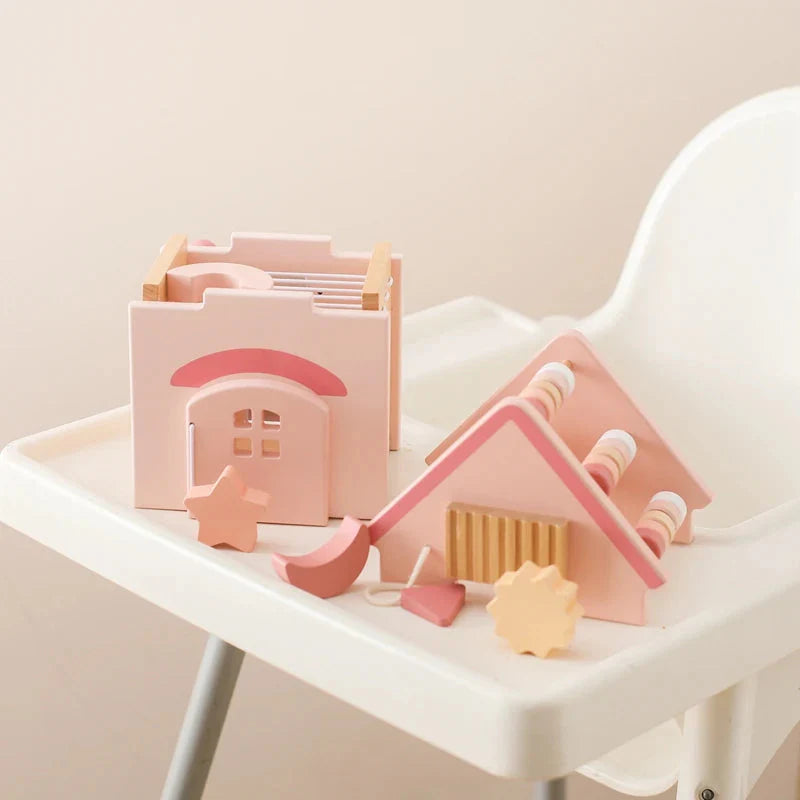 Wooden 5 in 1 Pink House Busy Cube