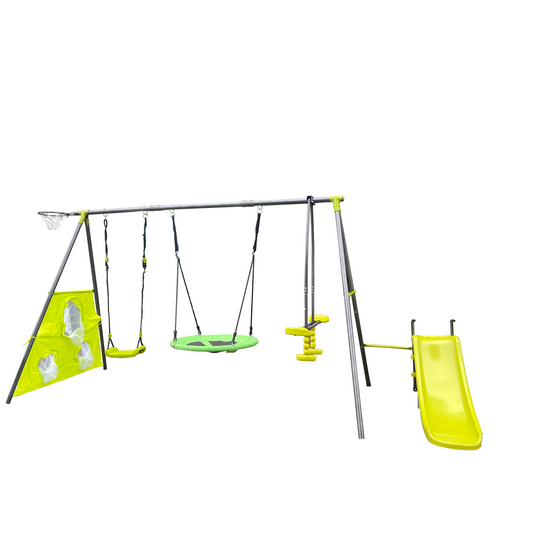 Six Function Swing Set with Net Swing Green Blue Metal Plastic Safe Outdoor Playground 440lbs