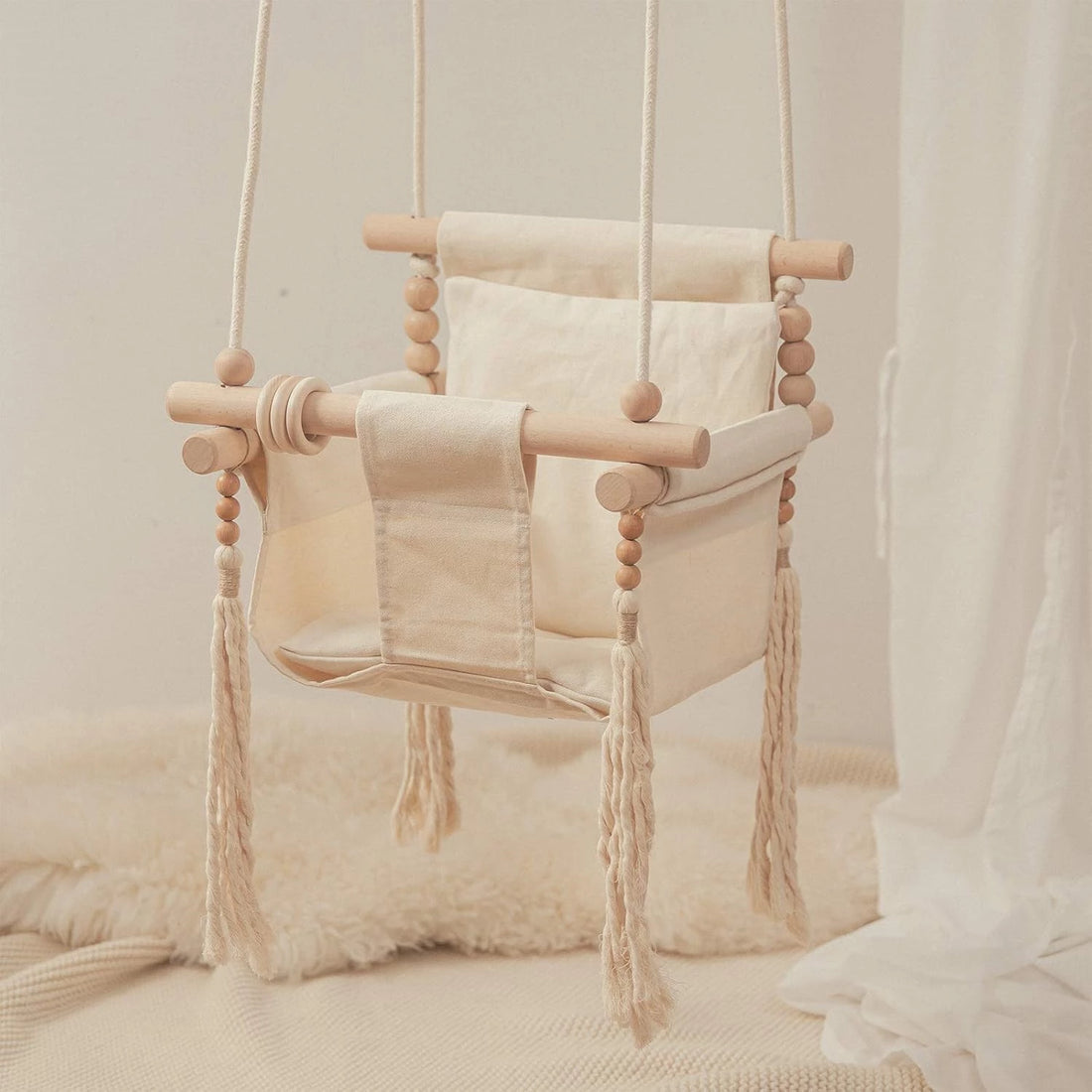Baby Swing Seat Canvas Hammock with Soft Cushion,Safety Belt Beige