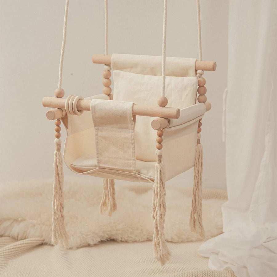 Baby Swing Seat Canvas Hammock with Soft Cushion,Safety Belt Beige
