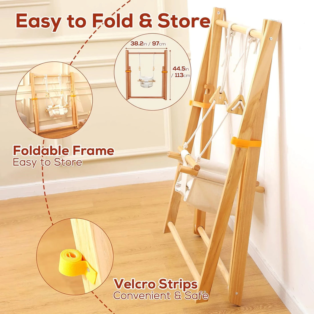 Wooden Baby Swing Set for Toddlers 6-36 Months, Foldable Baby Swing Set with Durable Pine