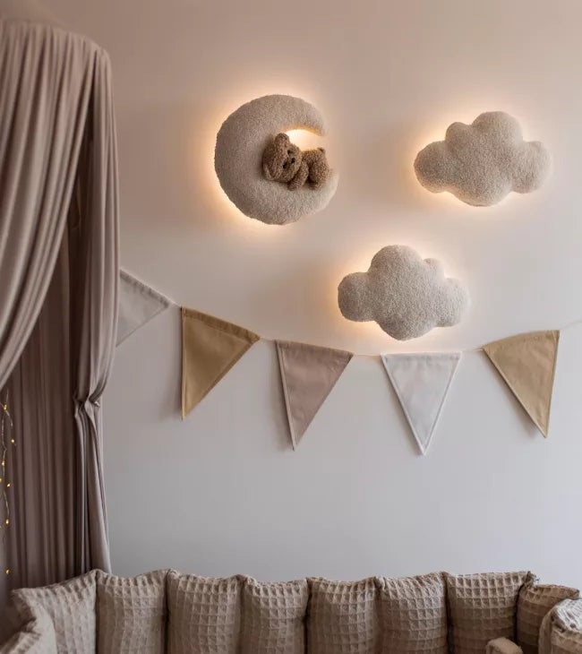 Teddy Bear Nursery Night Light Bouclé Moon, Stars, Clouds