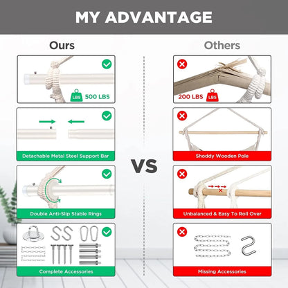 Hammock Chair, Swing Chair, Hanging Chair for Bedroom Outdoor Indoor, Macrame Rope Swing with Hardware Kit, 2 Cushions and Pocket