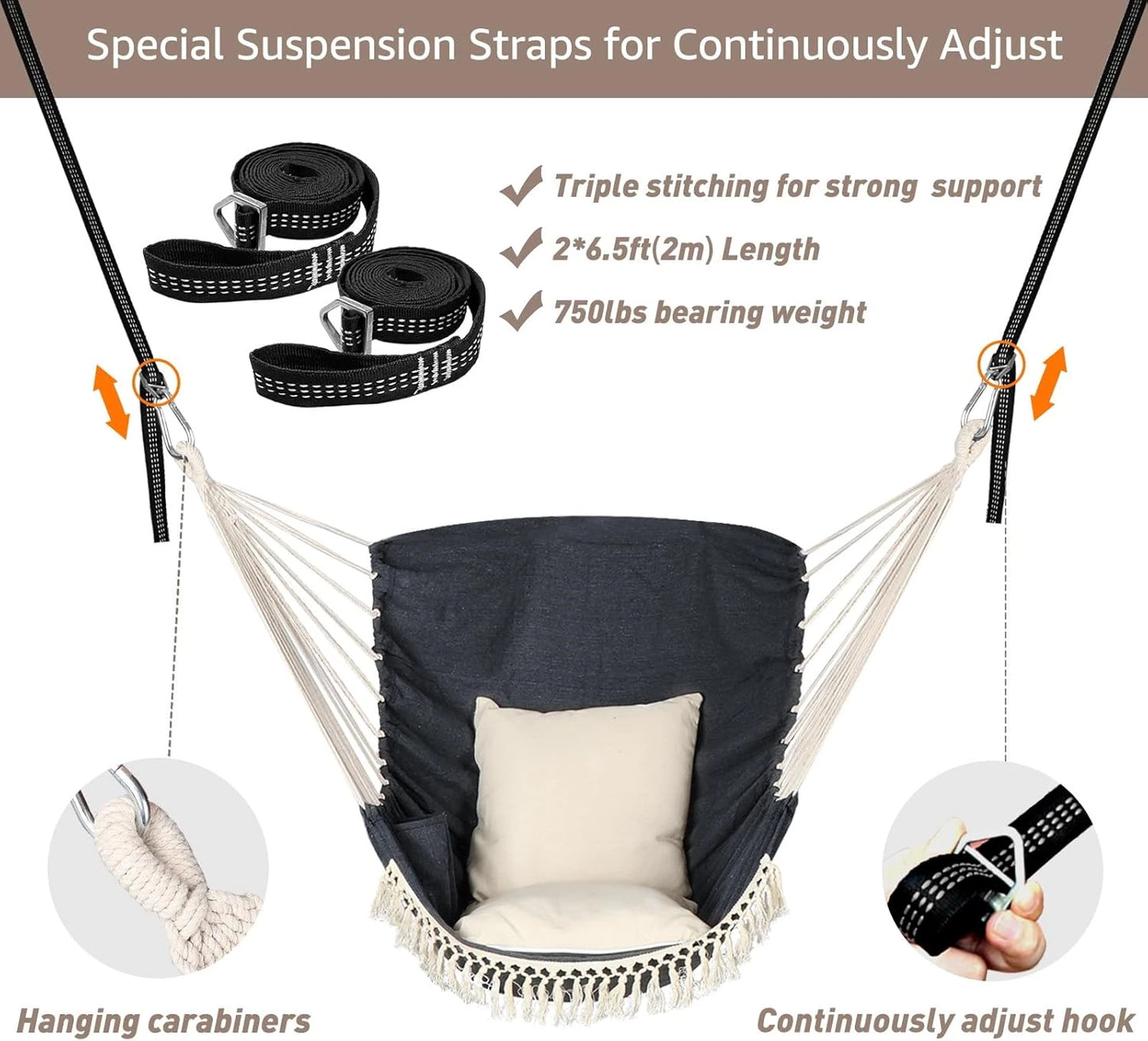Hammock Chair Swing Chair 2 Seat Cushions Included,Strong Webbing Straps and Hooks for Easy Hanging Soft Cotton Weave Hanging Chair Side Pocket Indoor Outdoor