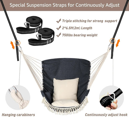 Hammock Chair Swing Chair 2 Seat Cushions Included,Strong Webbing Straps and Hooks for Easy Hanging Soft Cotton Weave Hanging Chair Side Pocket Indoor Outdoor