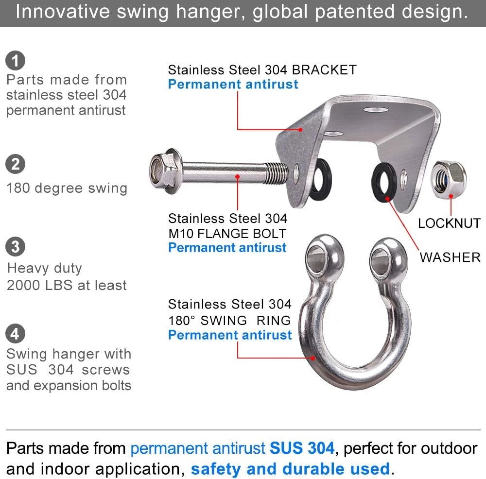Permanent Antirust Stainless Steel Heavy Duty Swing Hanger, 1000 LB Capacity, 2 Screws for Wooden and 2 Expansion Bolts for Concrete, Yoga Hammock Chair Sandbag Swing Sets, 180° Swing