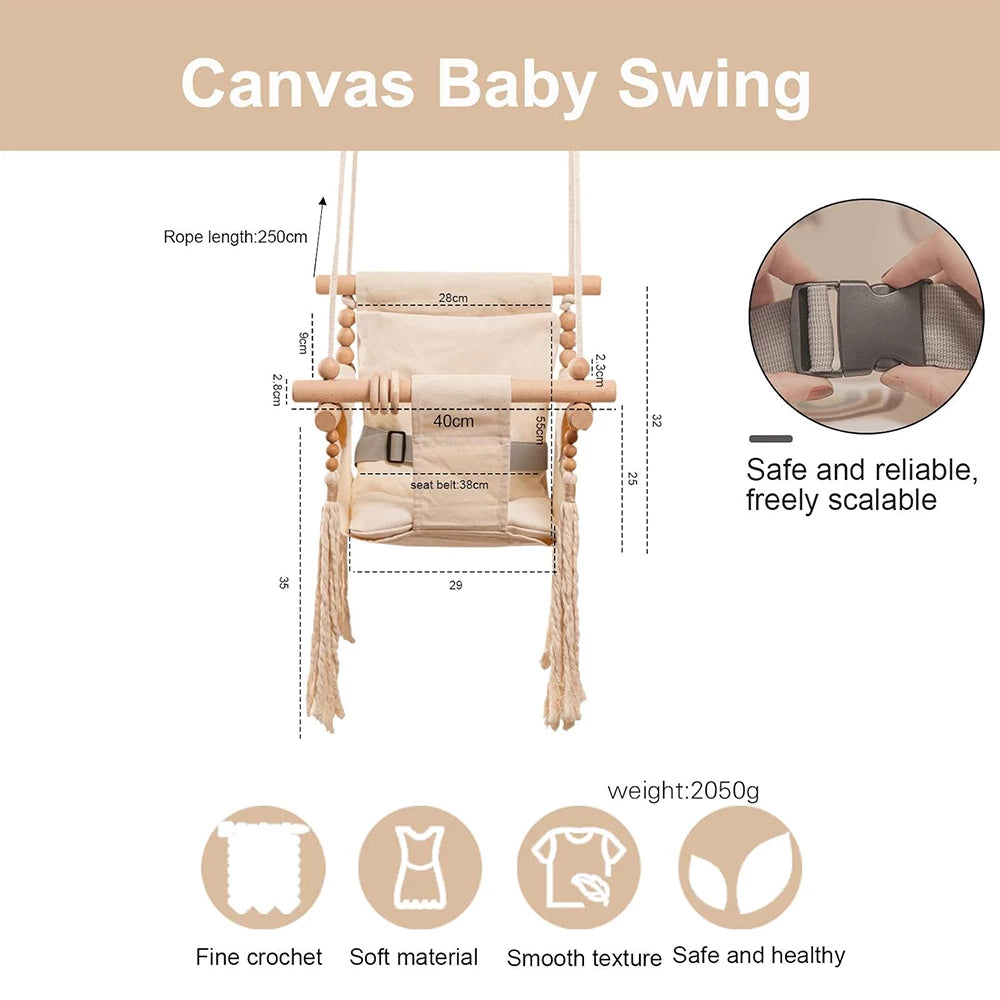 Baby Swing Seat Canvas Hammock with Soft Cushion,Safety Belt Beige