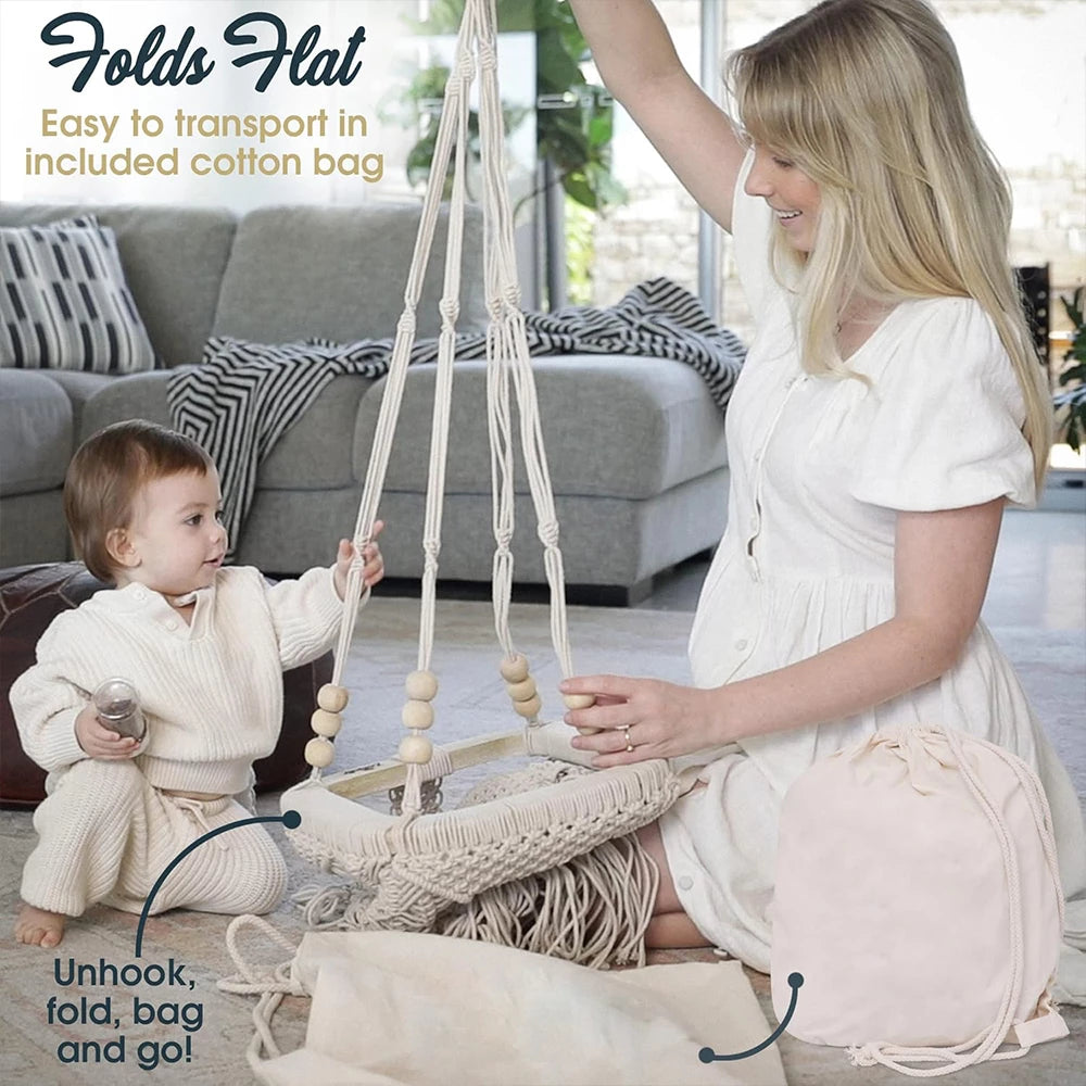 Baby Swing Chair with Cushion & Portable Canvas Backpack | Boho Baby Swing Outdoor Indoor Infants & Toddler | Hanging Rope Baby Gift Swing