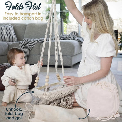 Baby Swing Chair with Cushion & Portable Canvas Backpack | Boho Baby Swing Outdoor Indoor Infants & Toddler | Hanging Rope Baby Gift Swing