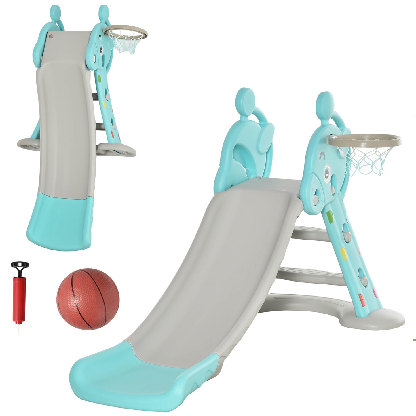 Qaba 2 in 1 Kids Slide with Basketball Hoop, Foldable Toddler Freestanding Slider Playset, for 18 months -4 Years Deer Shaped, Includes Basketball, Pump - Blue