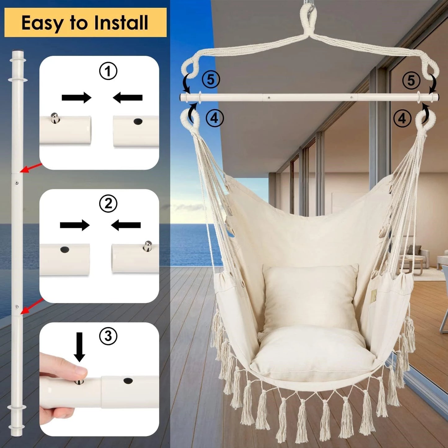 Hammock Chair, Swing Chair, Hanging Chair for Bedroom Outdoor Indoor, Macrame Rope Swing with Hardware Kit, 2 Cushions and Pocket
