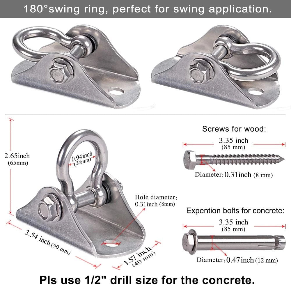 Permanent Antirust Stainless Steel Heavy Duty Swing Hanger, 1000 LB Capacity, 2 Screws for Wooden and 2 Expansion Bolts for Concrete, Yoga Hammock Chair Sandbag Swing Sets, 180° Swing
