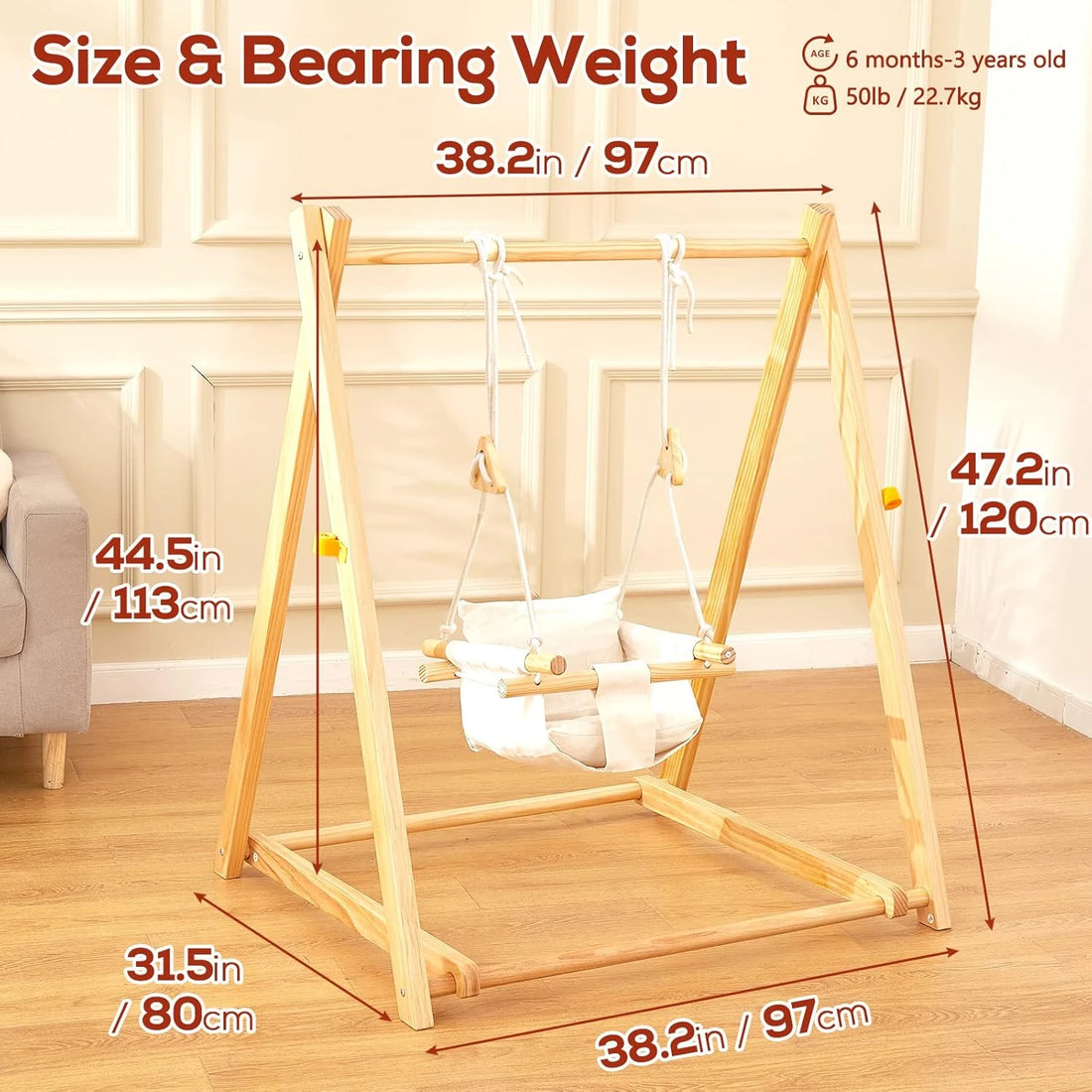 Wooden Baby Swing Set for Toddlers 6-36 Months, Foldable Baby Swing Set with Durable Pine