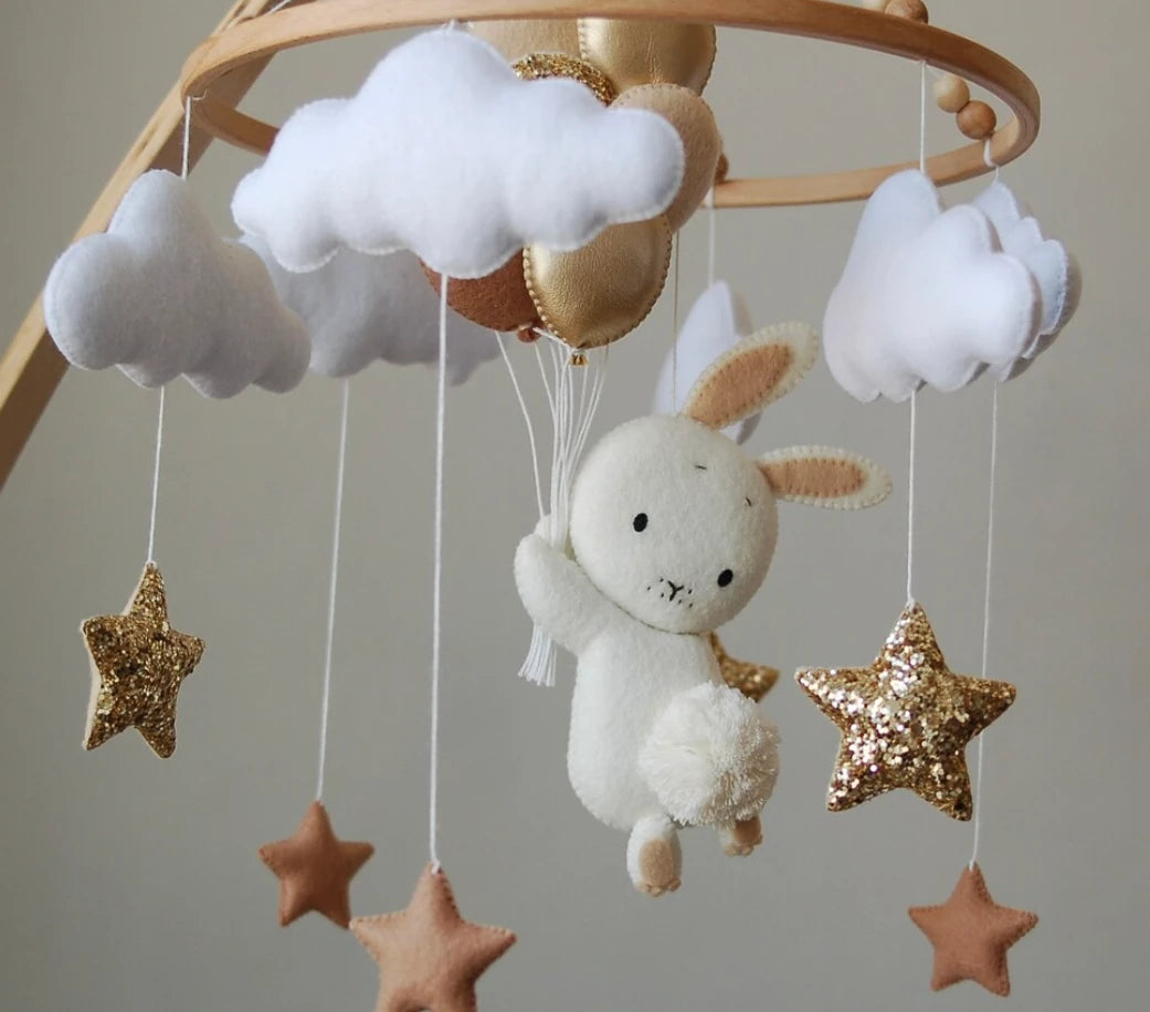 Bunny Baby Mobile: Pink Nursery Decor, Felt Stars & Balloons