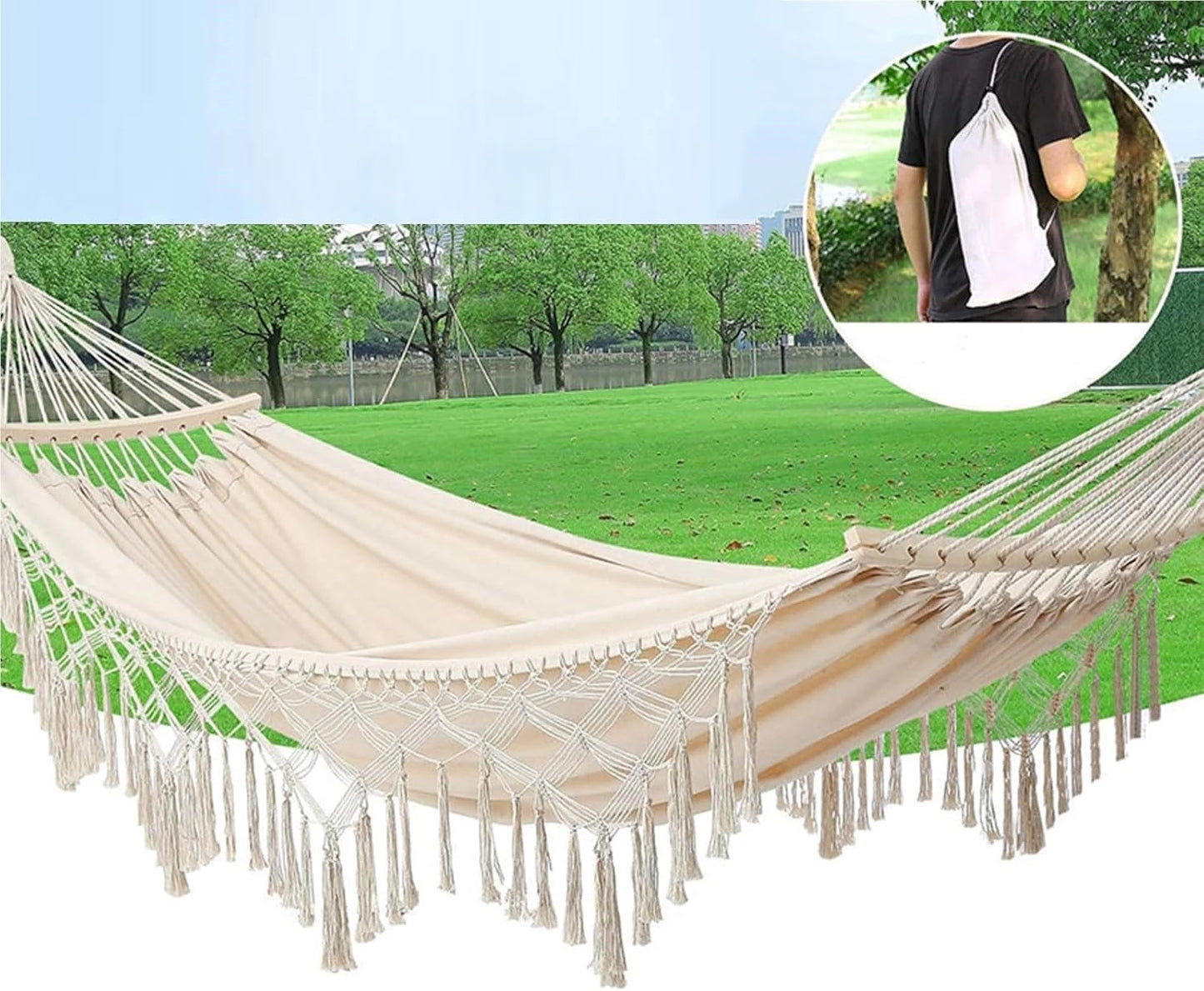 Double Hammock Hanging Swing -Boho Hammocks Load-bearing 500lbs - Portable Hammock for Indoor Outdoor Patio Yard Garden