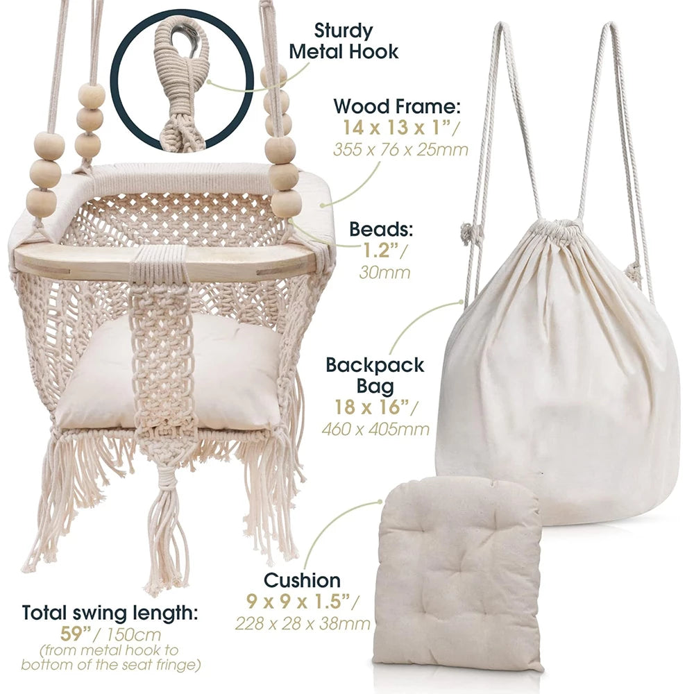 Baby Swing Chair with Cushion & Portable Canvas Backpack | Boho Baby Swing Outdoor Indoor Infants & Toddler | Hanging Rope Baby Gift Swing