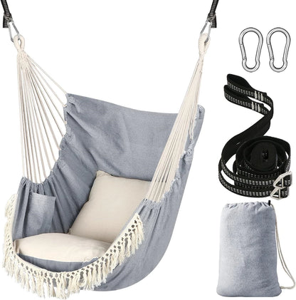 Hammock Chair Swing Chair 2 Seat Cushions Included,Strong Webbing Straps and Hooks for Easy Hanging Soft Cotton Weave Hanging Chair Side Pocket Indoor Outdoor