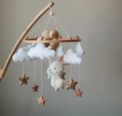 Bunny Baby Mobile: Pink Nursery Decor, Felt Stars & Balloons