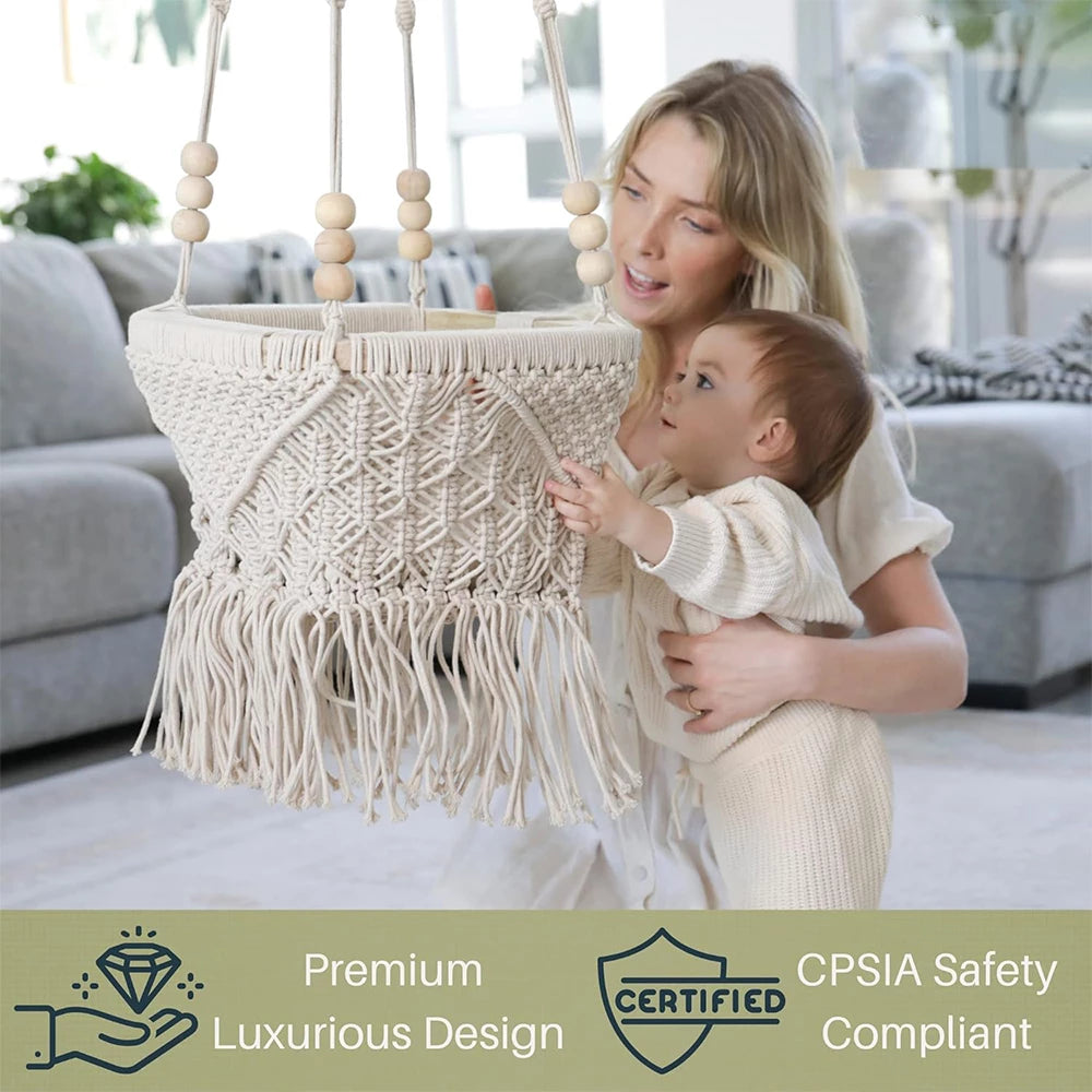 Baby Swing Chair with Cushion & Portable Canvas Backpack | Boho Baby Swing Outdoor Indoor Infants & Toddler | Hanging Rope Baby Gift Swing