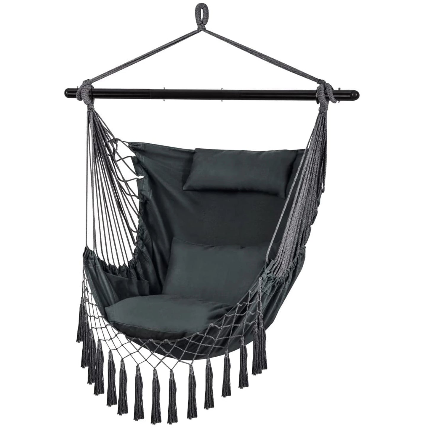 Hammock Chair Hanging Rope Swing with Hanging Hardware Kits and 2cushions&1 Neck Pillow, Large Macrame Hanging Chair, Side with Pocket for Patio, Bedroom, Backyard Max 330 Lbs