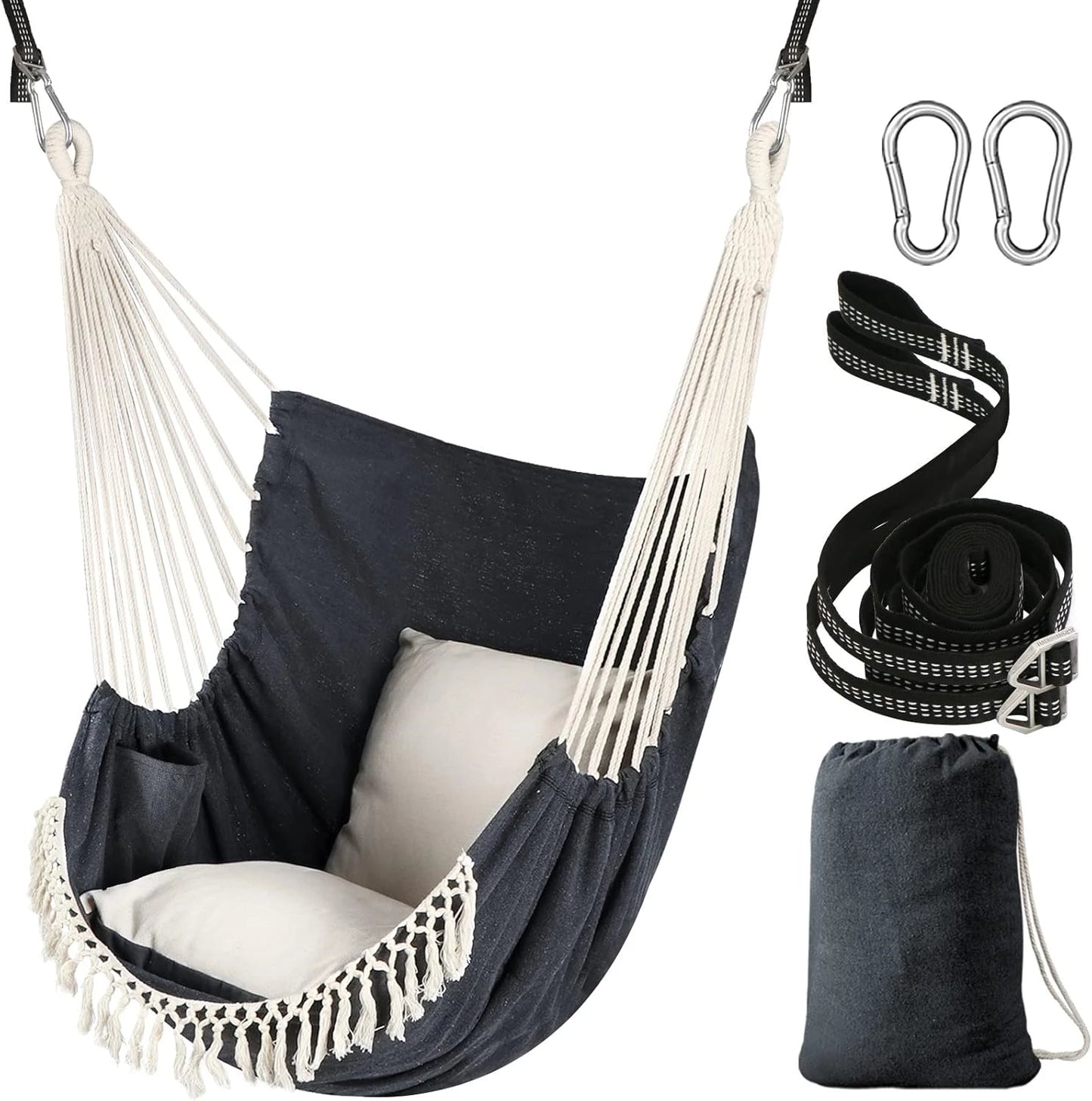 Hammock Chair Swing Chair 2 Seat Cushions Included,Strong Webbing Straps and Hooks for Easy Hanging Soft Cotton Weave Hanging Chair Side Pocket Indoor Outdoor