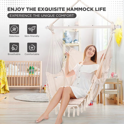Hammock Chair, Swing Chair, Hanging Chair for Bedroom Outdoor Indoor, Macrame Rope Swing with Hardware Kit, 2 Cushions and Pocket