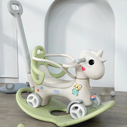 Rocking Horse for Toddler Balance Bike Ride On Toys with Push Handle Backrest Balance Board for Birthday
