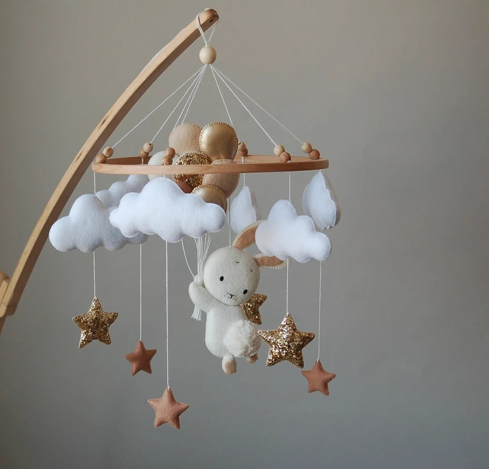 Bunny Baby Mobile: Pink Nursery Decor, Felt Stars & Balloons